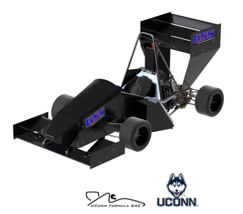 University of Connecticut Formula SAE black go-kart on a white background. GSS is a proud sponsor of the official racing team.